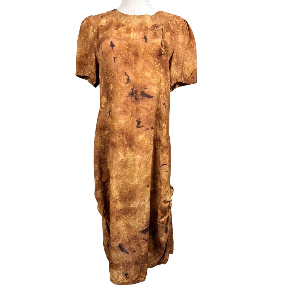 Batik Brown Tie Dye Midi Dress Ruched Mori Girl Art To Wear Boho Lagenlook Fairy